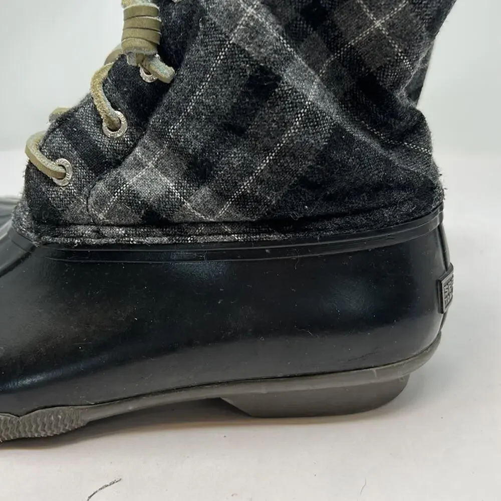 Sperry Top Sider Women's Black & Gray Plaid Rubber Ankle Duck Boots Size 9